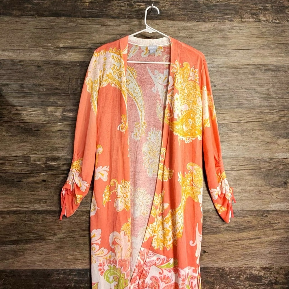 Chico's Vibrant Coral‎ and Yellow Floral Kimono Robe